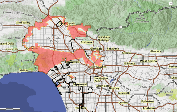 미국 캘리포니아주 화재 지역 지도. 자료=LA fire map 갈무리