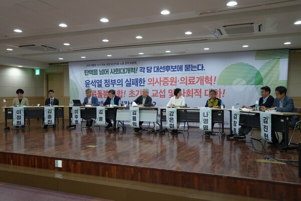 보건의료노조가 14일 서울 국립중앙의료원에서 ‘21대 대통령 선거 후보 초청 보건의료‧노동 공약 토론회\'를 열었다. 사진=보건의료노조 