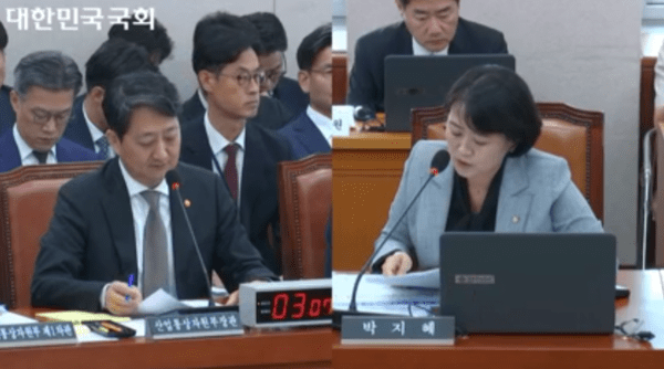 박지혜 더불어민주당 의원(오른쪽)이 7일 국회 산업통상자원중소벤처기업위원회 국정감사에서 안덕근 산업통상자원부 장관에게 질의하고 있다. 사진=국회영상회의록시스템 갈무리