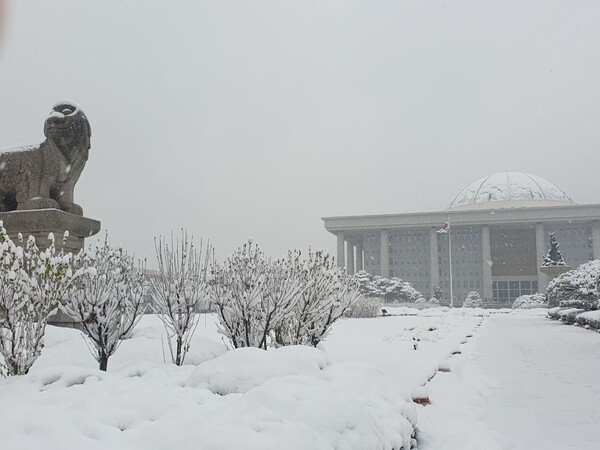 서울에 11월 역대 가장 많은 눈이 내린 지난 27일 서울 영등포구 국회 본청과 인근에도 눈이 쌓였다. 사진=최나영 기자 